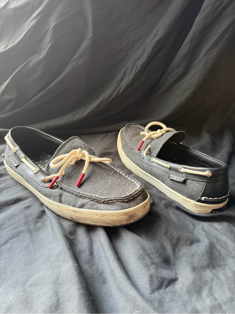 Cole Haan Men's Gray Canvas Boat Shoes with Cream Laces and Red Tips